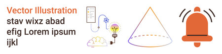 Innovation, alert system, data analysis, strategy, technology, creativity. Includes a lightbulb, chart outline and notification bell icon. Innovation and alert system effectivelyのイラスト素材