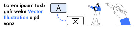 Language translation elements with alphabet blocks, person pointing at text, and a hand writing. Ideal for localization, communication, education, linguistics, writing, tech and simple landing pageのイラスト素材
