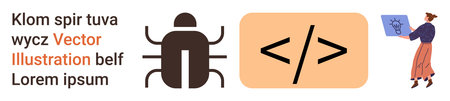 Software debugging, programming, coding, technology concepts, system security, bug fixing. A bug icon, coding symbol and person holding a programming-related board. Software debuggingのイラスト素材