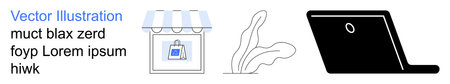 E-commerce, online shopping, retail business, technology, digital connectivity, remote work. Storefront with a shopping bag, plant and laptop icon. E-commerce and online shopping visual conceptのイラスト素材