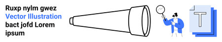 Search, research, data analysis, discovery, investigation, exploration. A telescope, magnifying glass and documents with a character viewing through the glass. Search and research conceptのイラスト素材