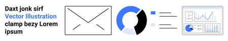Envelope icon, data chart, pie graph, and analytics dashboard symbols. Ideal for email communication, marketing strategy, analytics, data visualization, business digital tools simple landing pageのイラスト素材