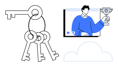 Keys represent data security, cloud icon suggests digital storage, person on screen holding trophy...