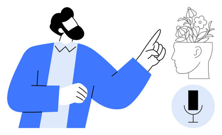 Man gesturing at a blooming head symbolizing creativity and growth, alongside a microphone icon....