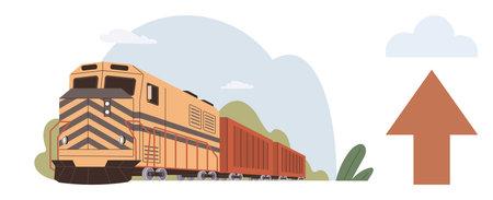 Transportation, logistics, growth, progress, shipping, freight. A train pulling cargo under a clear...