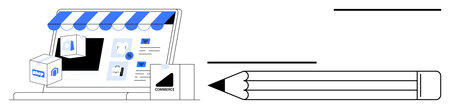 E-commerce, online shopping, retail design, digital marketing, branding, content creation. Storefront with packages and a pencil. E-commerce and online shopping in modern retail visualsのイラスト素材