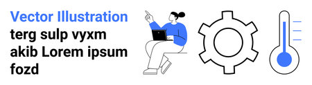 Woman working on a laptop gesturing upward. Accompanied by a gear and thermometer icons. Ideal for technology, analytics, teamwork, innovation, efficiency, strategy, simple landing pageのイラスト素材
