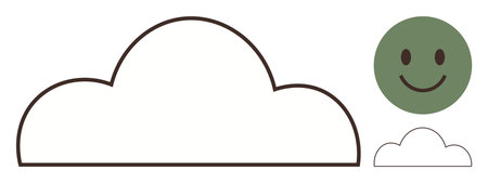 Weather, creativity, environment, emotions, happiness, simplicity. A large outlined cloud and a green happy face icon. Weather and creativity concepts through minimalist elementsのイラスト素材