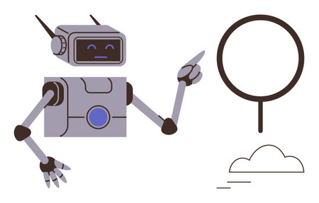 Artificial intelligence, robotics, technology, communication, futuristic innovation, AI interaction. Robot pointing to an empty speech bubble with linear cloud outline. Artificial intelligenceのイラスト素材
