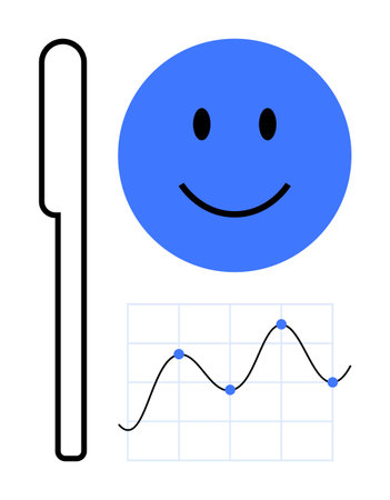 Performance concept. Blue happy face, graph with data points, and pen performance evaluation, progress tracking, and success metrics. Great for business, analytics, education developmentのイラスト素材