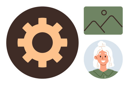 Technology, user interface, profile design, innovation concepts, digital tools, placeholders. A gear...