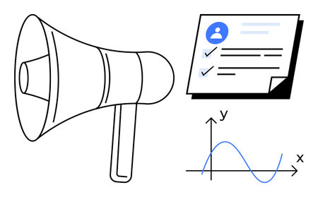 Megaphone for communication, checklist document for organization, and XY graph for data analysis. Ideal for business, marketing, strategy, education, research, analytics simple flat metaphorのイラスト素材