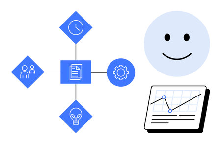 Diamond-shaped icons for teamwork, time, innovation, and gear process connected to a central...