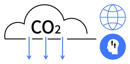 Carbon dioxide illustration. Carbon dioxide emissions with symbols for global impact, environmental...