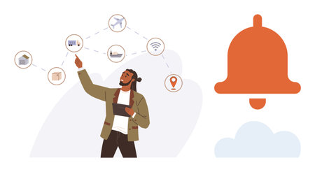 Supply chain management, logistics planning, modern business, communication, inventory monitoring, technology integration. Man pointing at connected icons. Supply chain management and logisticsのイラスト素材
