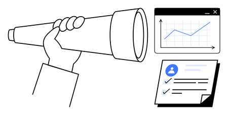 Hand holding telescope, growth chart with upward trend, and checklist with profile icon. Ideal for future planning, goal tracking, career development, business strategy, analytics, organizationのイラスト素材