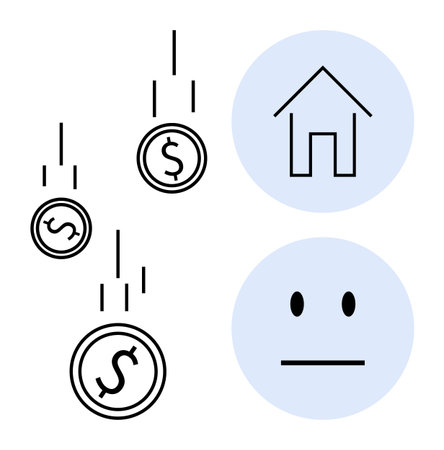 Finance, housing market, budgeting, economic downturn, household expenses, saving money. Falling dollar signs, house outline neutral face on blue circles. Finance and housing marketのイラスト素材