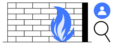 Brick wall with blue flame, user icon, magnifying glass representing digital security, firewall, and...