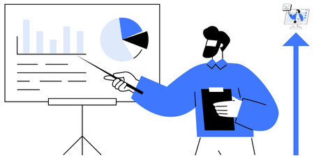 Business presentation. A presenter explains charts and analytics data in a corporate setting....
