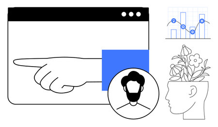 Hand pointing in a browser window, human profile with blooming flowers, analytics graph, male...