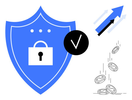 Data security, financial growth, investment protection, cyber safety, secure transactions, digital currencies. Blue shield with lock, checkmark coins and an upward arrow. Data securityのイラスト素材