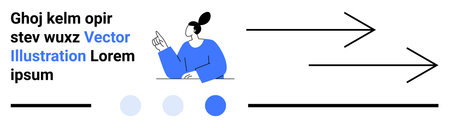 Woman gestures while surrounded by abstract arrows, text, and minimal design elements in blue and...