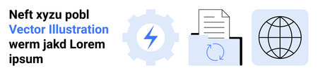Automation, global connectivity, data processing, workflow management, digital transformation, renewable energy. Gear with lightning bolt, document with recycle icon globe. Automation and globalのイラスト素材