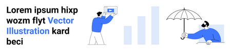 Two figures, one presenting a screen with a play button, another shielding under an umbrella. Ideal...