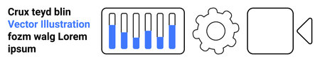 Progress bars with blue fill, gear symbol, and play icon arranged linearly. Ideal for technology, workflow, settings, media, user interface, process visualization simple landing pageのイラスト素材