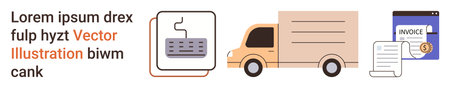 Business operations, logistics services, invoice management, payment systems, e-commerce, financial documentation. Delivery truck, digital interfaces and financial invoice. Logistics and invoiceのイラスト素材