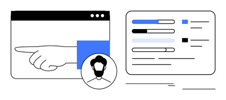 Hand pointing at analytics dashboard with progress bars, charts, and user avatar. Ideal for data...