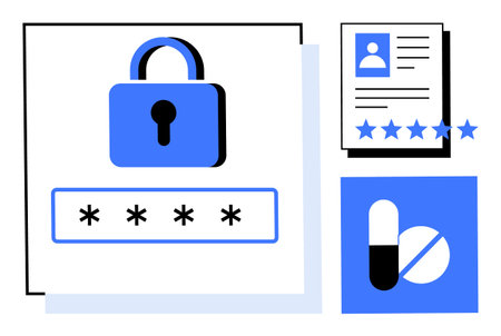 Lock with password, ID card with rating stars, and medical icons. Ideal for cybersecurity, data...