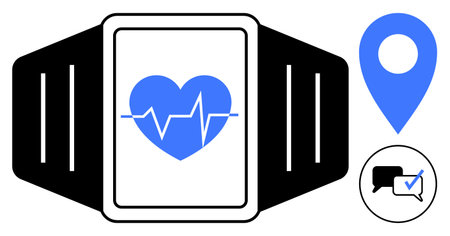 Heart rate monitor on wearable device with ECG display, location pin, and messaging feature. Ideal...