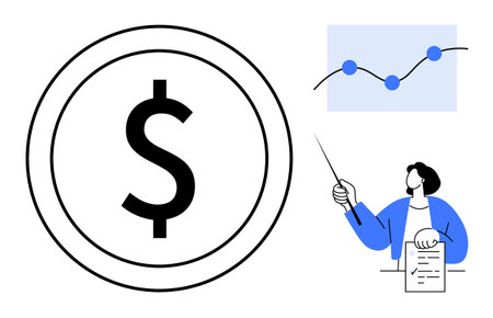 Dollar coin and upward trend graph beside a presenter holding a document and pointing at data. Ideal...