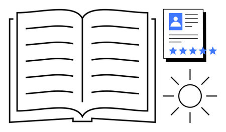 Open book with blank pages, profile document featuring user rating stars, and sun icon representing...