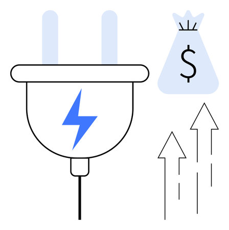 Electric plug with lightning bolt, money bag, and upward arrows. Highlights energy costs,...