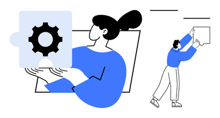 Teamwork concept. Team members collaborating to connect puzzle pieces with gear symbol emphasizing...