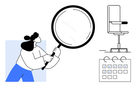 Job search, organization, productivity tools, recruitment, remote work, business analysis. Woman holding a magnifying glass, office chair and checklist. Job search and organization conceptsのイラスト素材