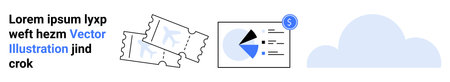 Event tickets, financial pie chart with dollar icon, and blue cloud element. Ideal for events,...