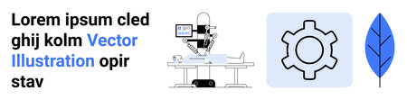 Robotic surgery equipment with interface, gear icon, and blue leaf design. Ideal for technology,...