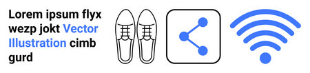 Technology, sharing, apps, fashion, trends, icons. Shoe outline, share icon and wireless symbol in...