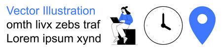 Time management, navigation, remote work, technology, online learning, productivity. Woman working...