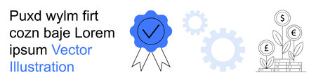 Business growth, certification, investment, achievement, success, financial planning. Blue badge...