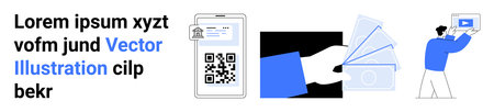 QR code scanning on a digital card holder, exchanging currency notes, person streaming media. Ideal...
