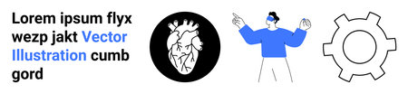 Hand-drawn heart in circular frame, person using AR glasses pointing, and gear icon. Ideal for...