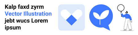 Stylized heart icon, leaf in chat bubble, and figure with balloon. Ideal for health, nature,...