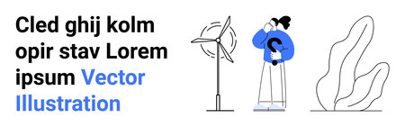Renewable energy, sustainability, eco-friendly practices, wind power, environmental awareness, green technology. Wind turbine icon and person with abstract elements. Renewable energyのイラスト素材