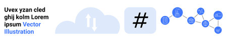 Cloud with sync arrows, bold metadata tag, interconnected nodes with icons represent connection,...