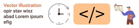 Productivity, programming, coding, education, time management, development. An analog clock, coding...