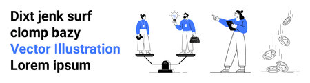 Two individuals on a scale symbolizing decision-making, one holding a light bulb another guiding and...